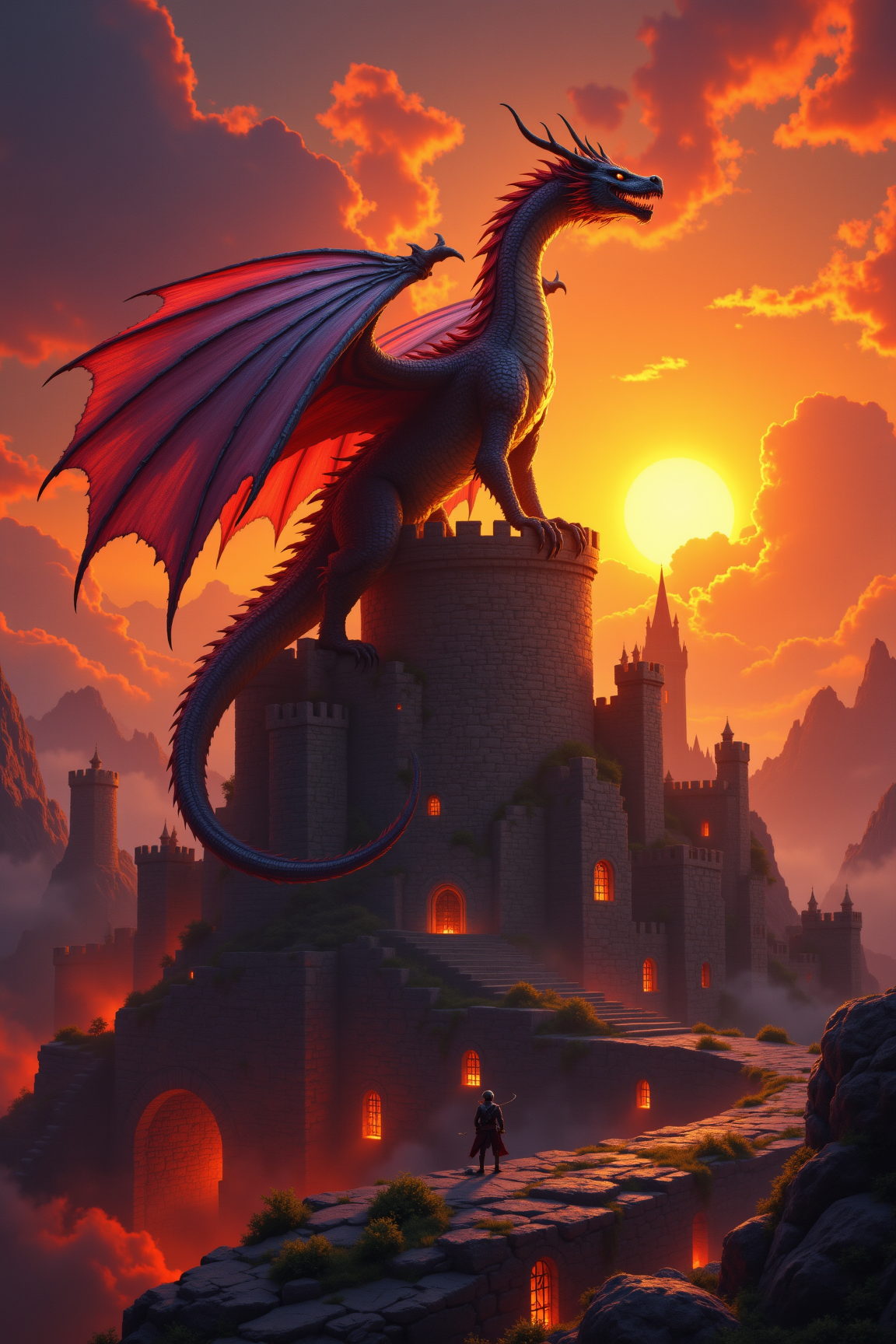 Sunset Guardian: Epic Dragon Over Castle Keep