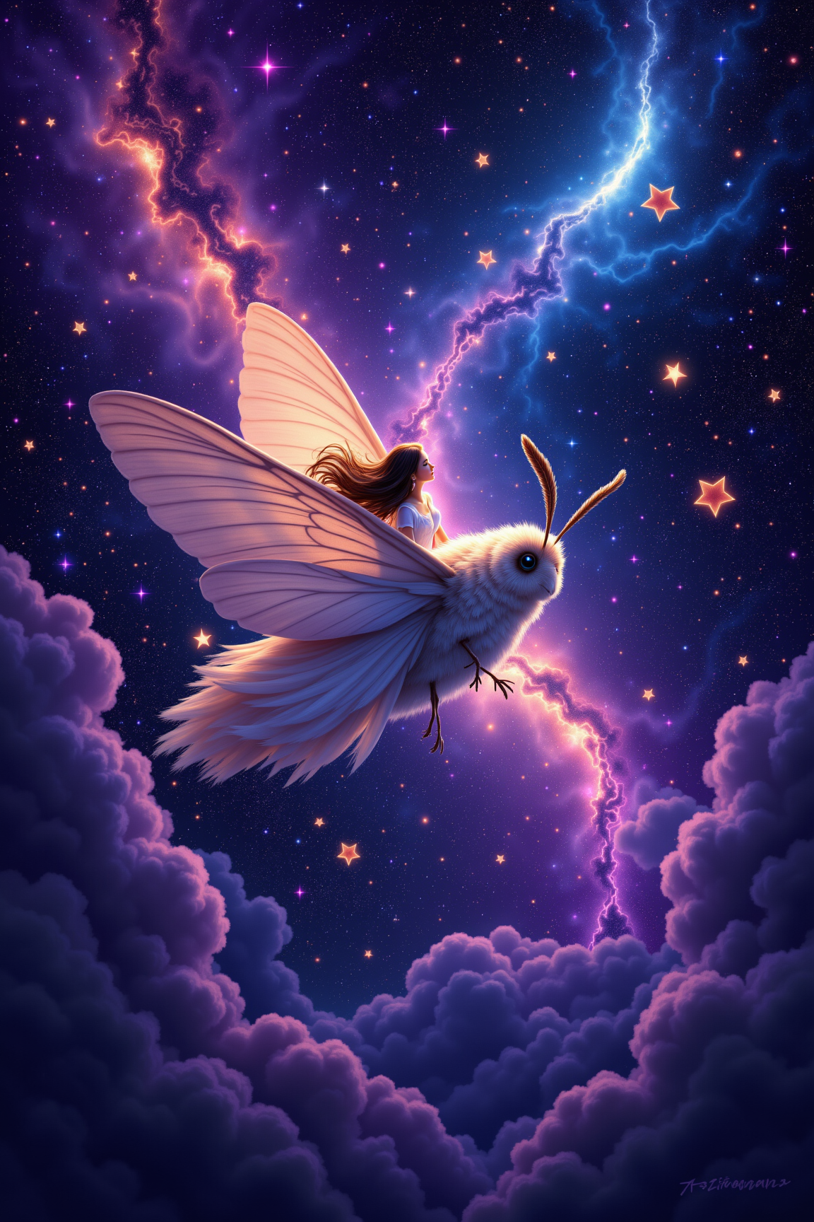 Celestial Moth Rider: Cosmic Dream Voyage