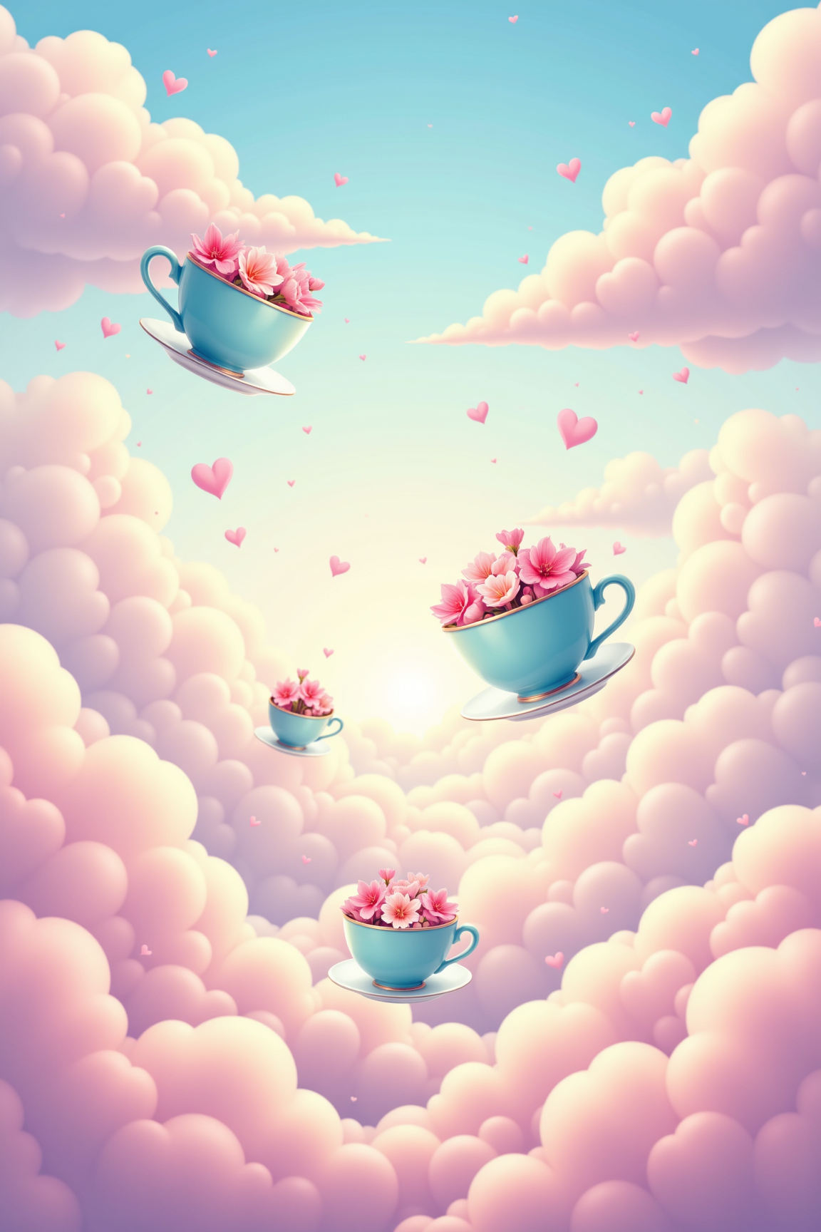 Enchanted Sky Tea: Floral Cups Amidst Pink Clouds