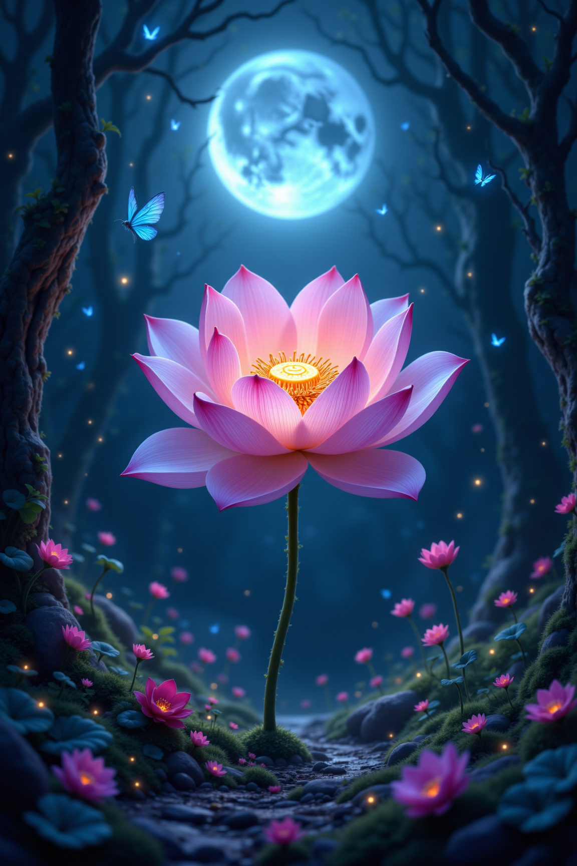 Moonlit Lotus Bloom: Enchanted Forest Serenity