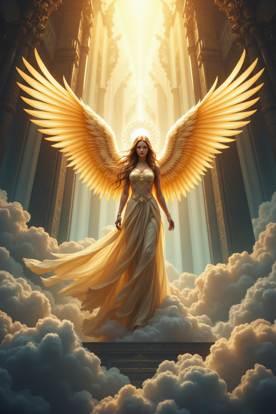 Celestial Ascent: Golden Angel Above the Clouds