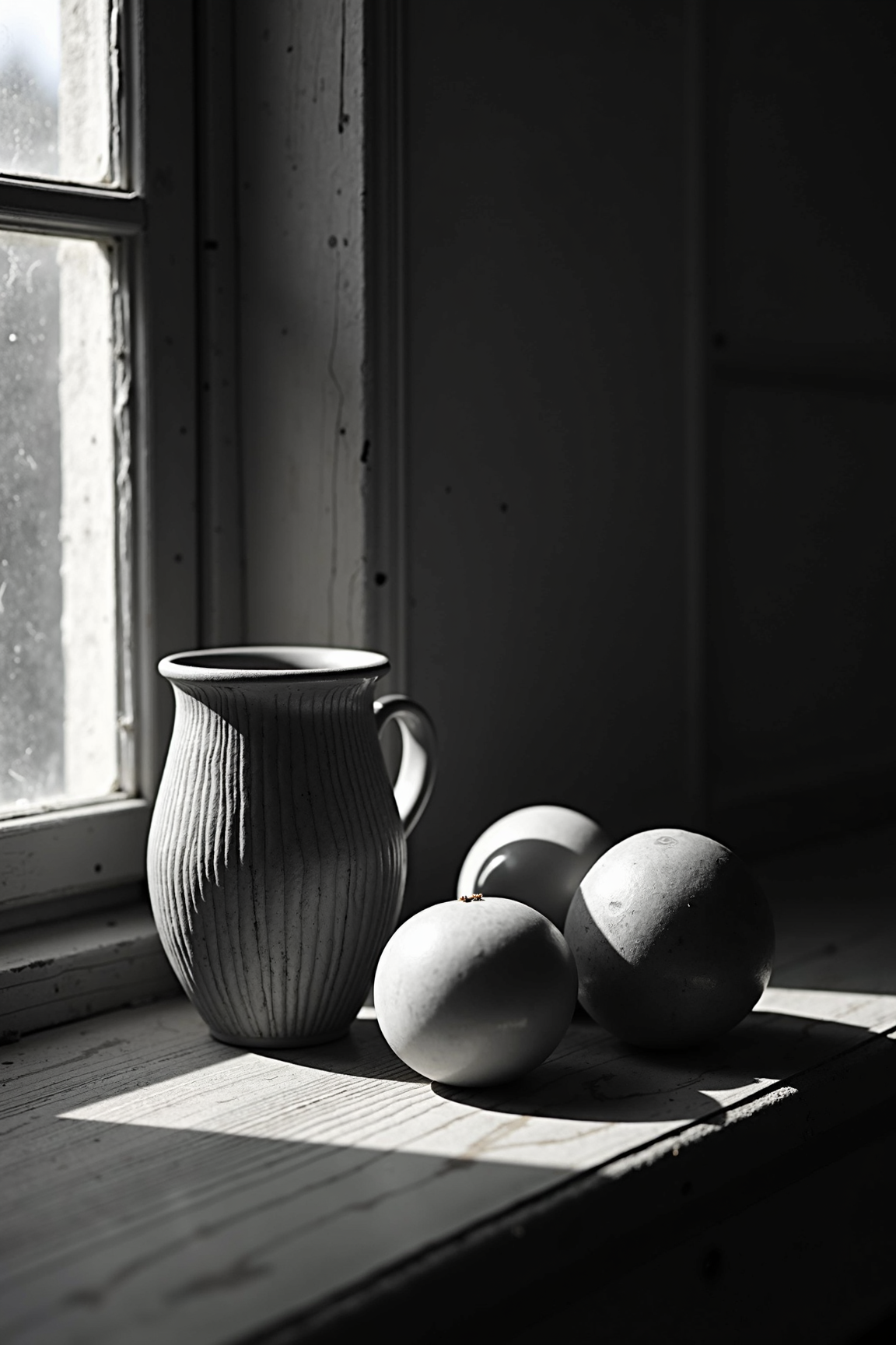 Serene Black & White Still Life with Jug and Sunlit Spheres