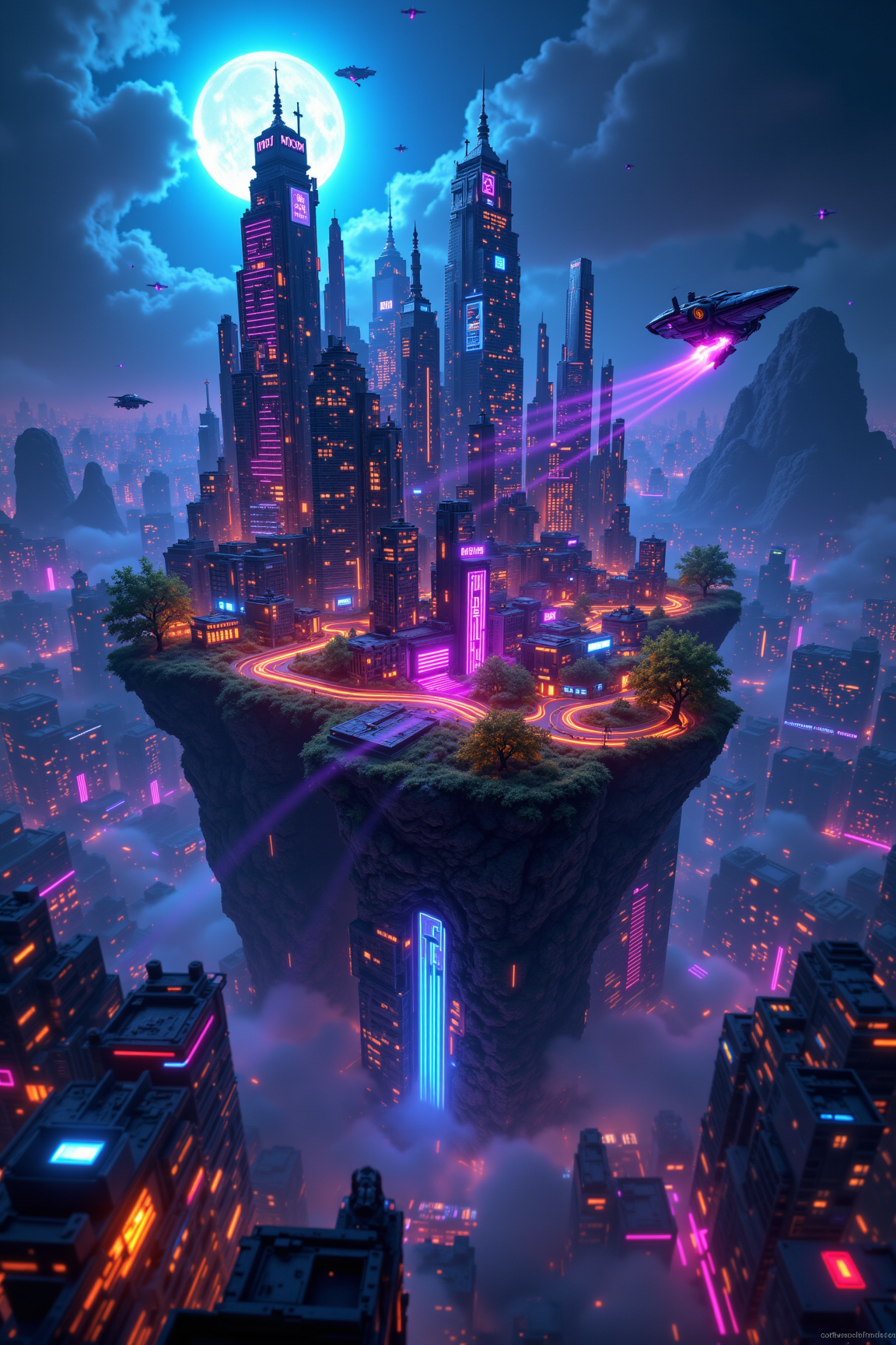 Cyberpunk Metropolis: Floating City Under Neon Moon