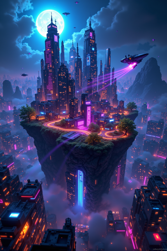 Cyberpunk Metropolis: Floating City Under Neon Moon