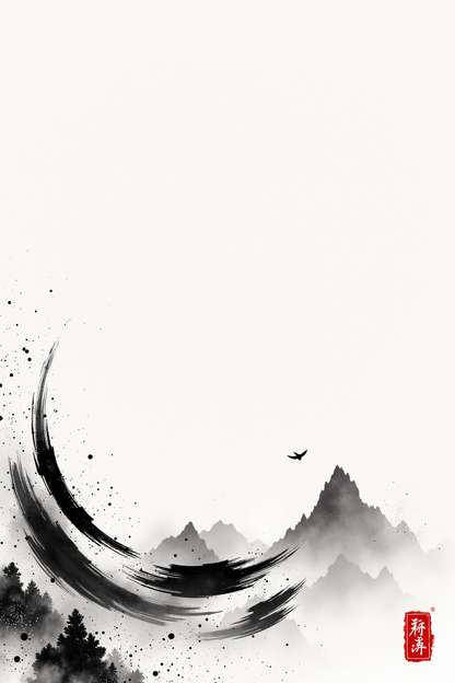 Tranquil Sumi-e Landscape with Majestic Mountains and Red Accents