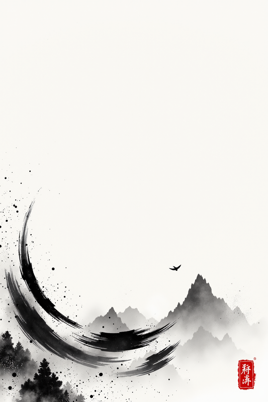 Tranquil Sumi-e Landscape with Majestic Mountains and Red Accents