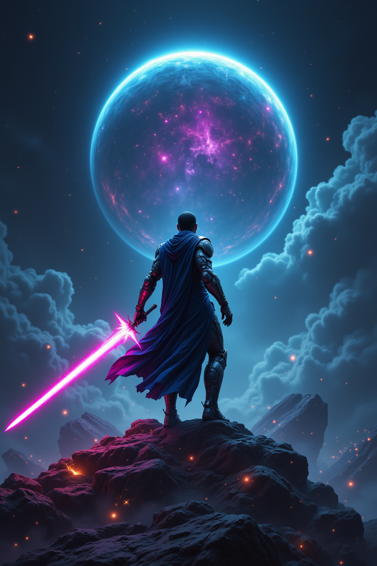 Epic Sci-Fi Warrior with Glowing Sword Under Distant Planet