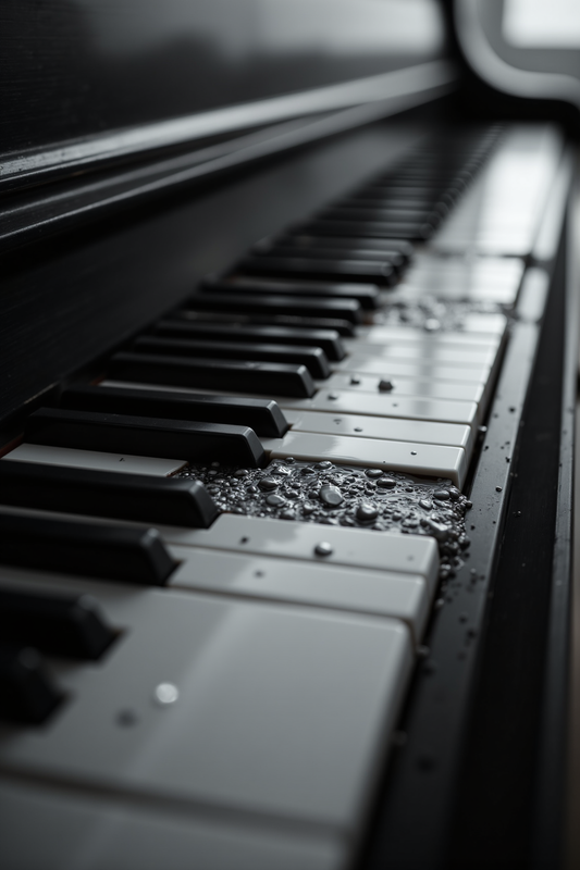 Moody Piano Keys with Scattered Rocks and Liquid
