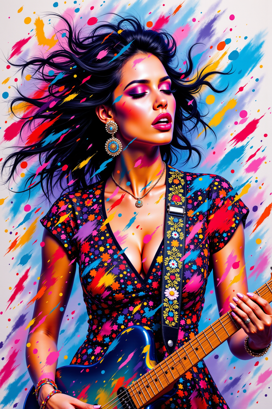 Vibrant Electric Guitarist Amid Abstract Paint Splashes