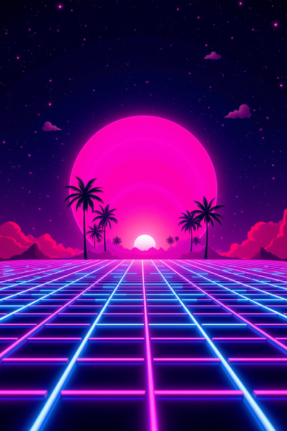 Neon Grid Sunset: Retro Palm Paradise