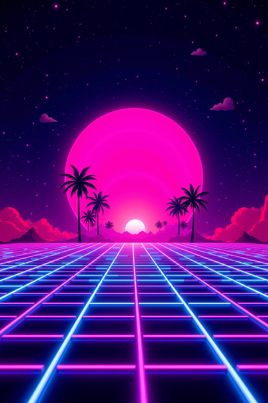 Neon Grid Sunset: Retro Palm Paradise