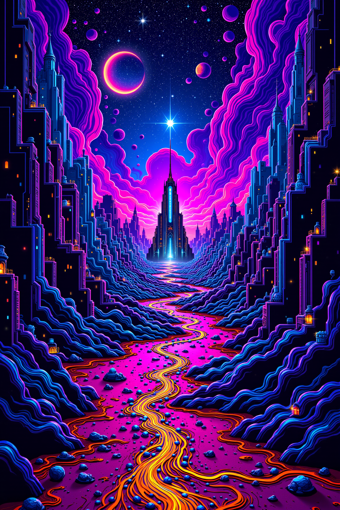 Neon River: Journey Through a Cosmic Metropolis
