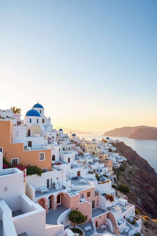 Sunset Serenity Over Santorini’s Blue-Domed Cliffs