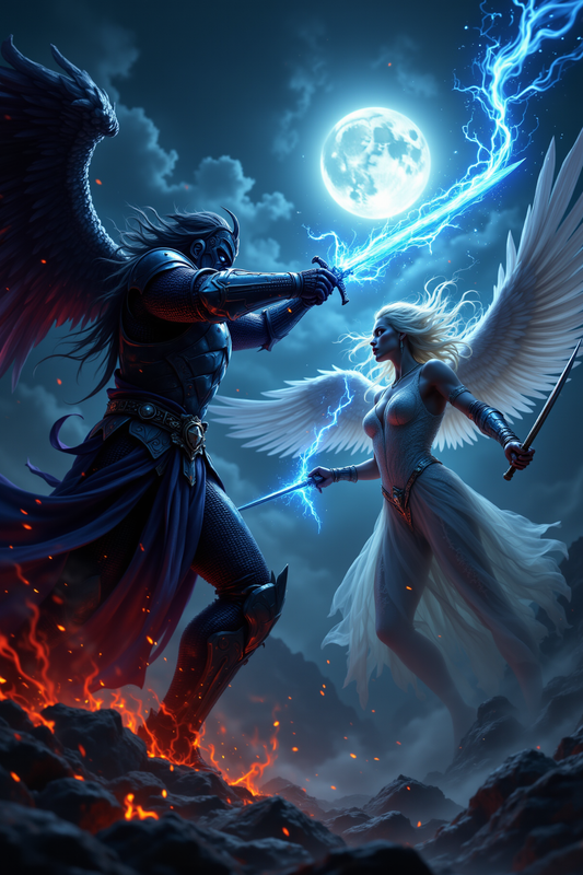 Moonlit Fury: Epic Angelic Battle Art