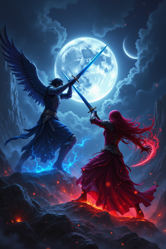 Lunar Clash: Epic Angel vs Mage Fantasy Battle Art