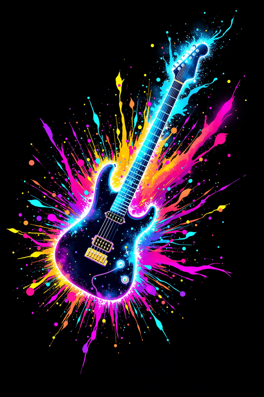 Electrifying Riff: Vibrant Neon Guitar Explosion