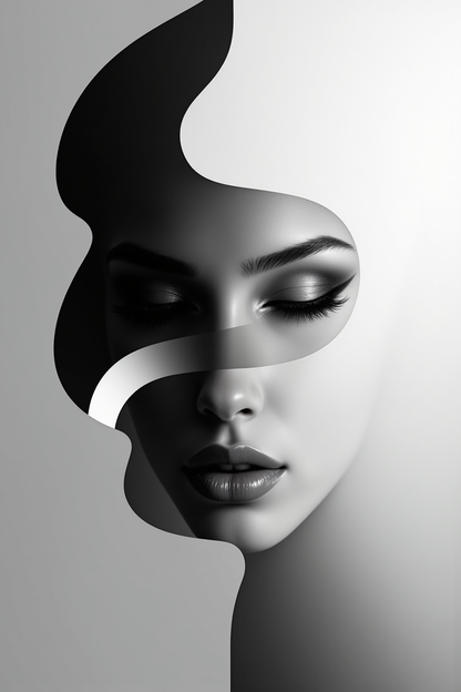 Surreal Grayscale Portrait with Layered Abstract Shapes