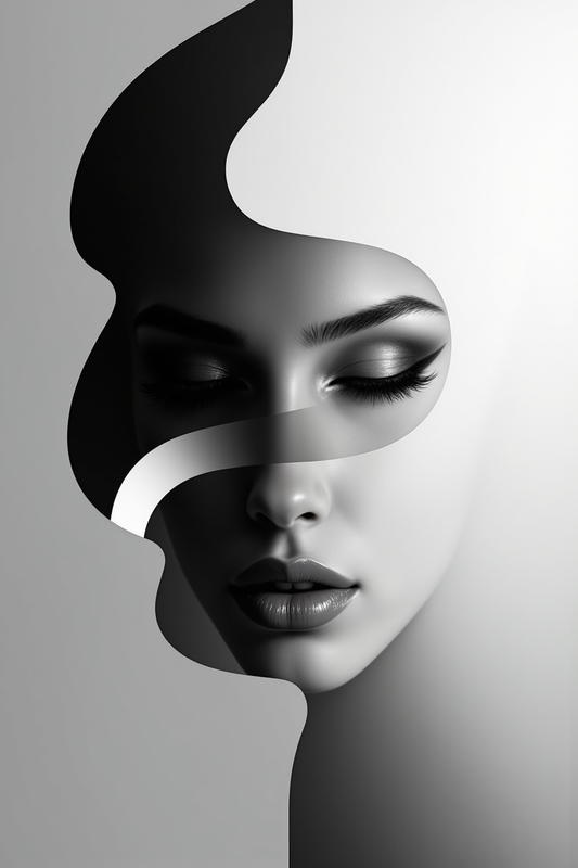 Surreal Grayscale Portrait with Layered Abstract Shapes