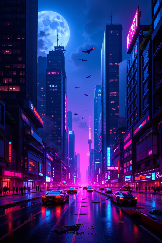 Neon Noir Metropool: Cyberpunk Stadsgezicht onder de Maan