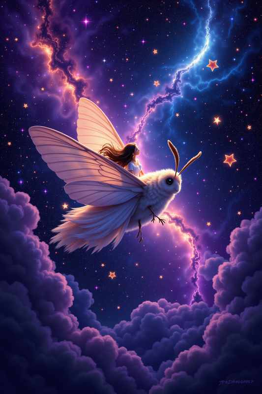 Celestial Moth Rider: Cosmic Dream Voyage