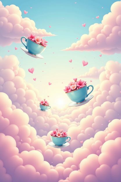 Enchanted Sky Tea: Floral Cups Amidst Pink Clouds