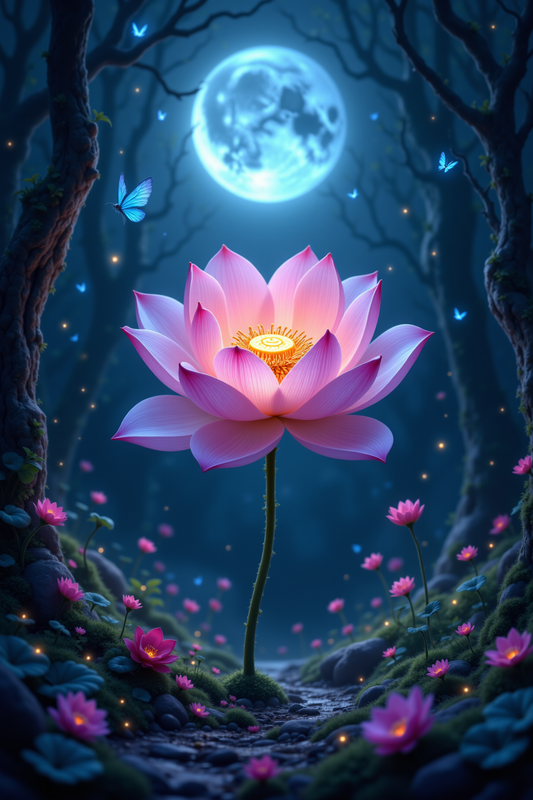 Moonlit Lotus Bloom: Enchanted Forest Serenity