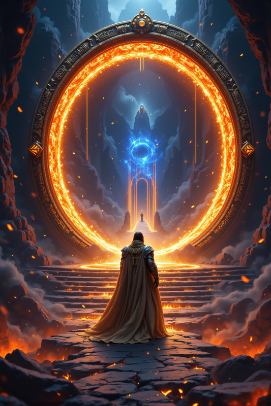 Warrior Before the Fiery Portal: Epic Fantasy Gateway Art