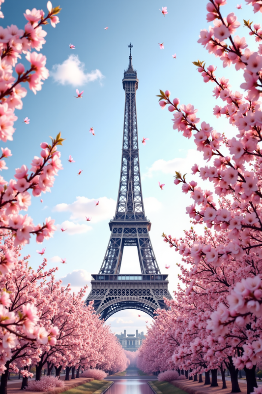 Romantic Eiffel Tower Framed by Pink Cherry Blossoms
