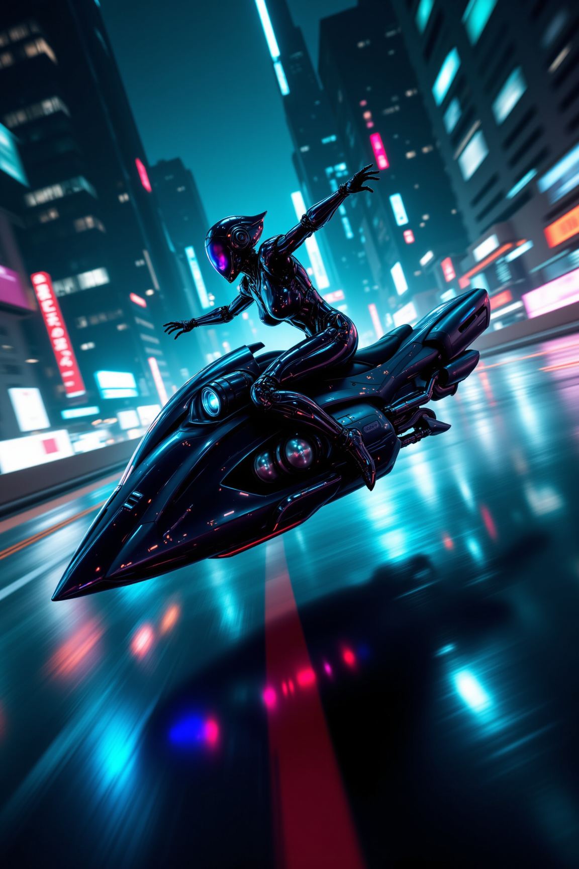 Neon Snelheid: Cyberpunk Rijdster op Hoverbike