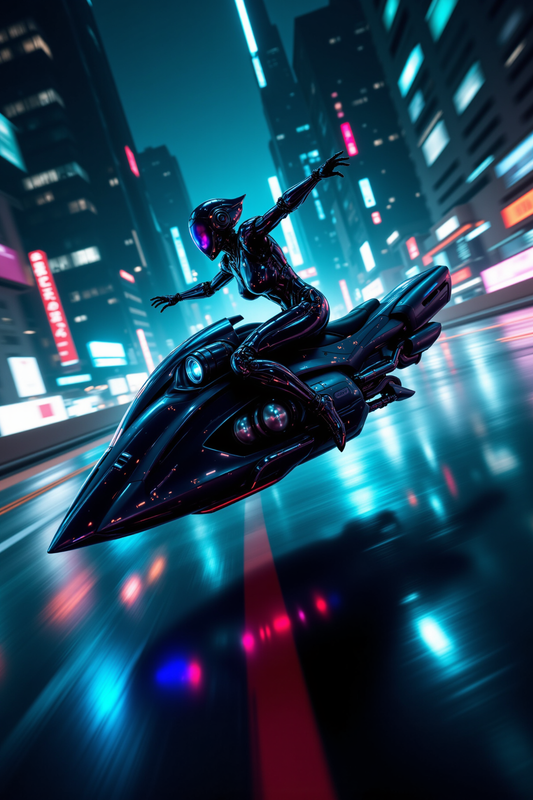 Neon Snelheid: Cyberpunk Rijdster op Hoverbike