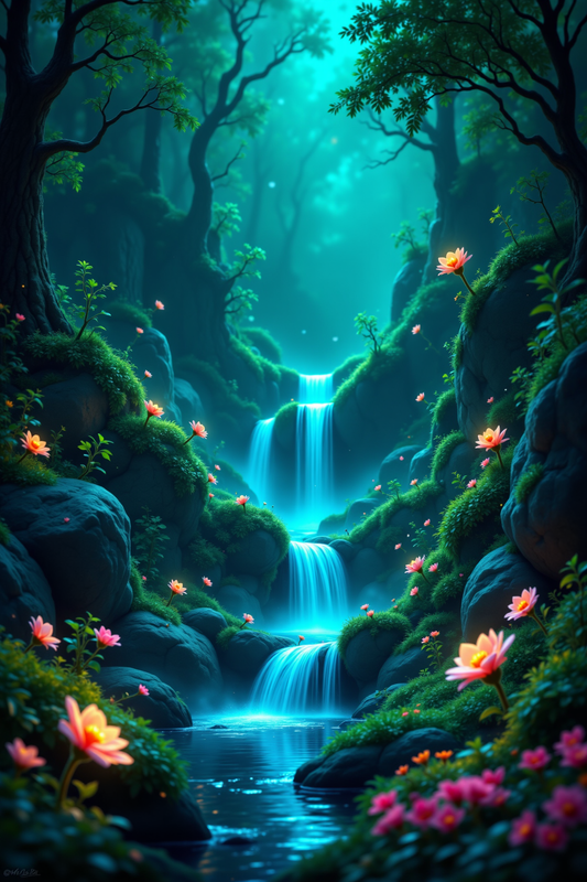 Enchanted Waterfall Grove: Luminous Forest AI Art Print