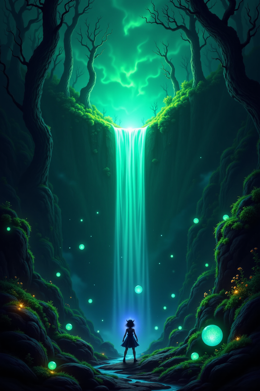Aurora Falls: Lone Wanderer in Mystic Forest Art