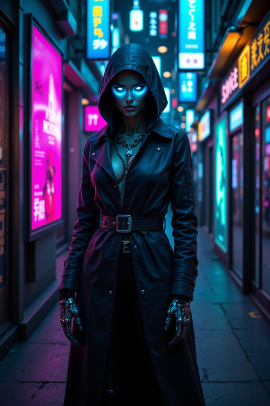 Cyberpunk Siren: Hooded Figure in Neon Alley