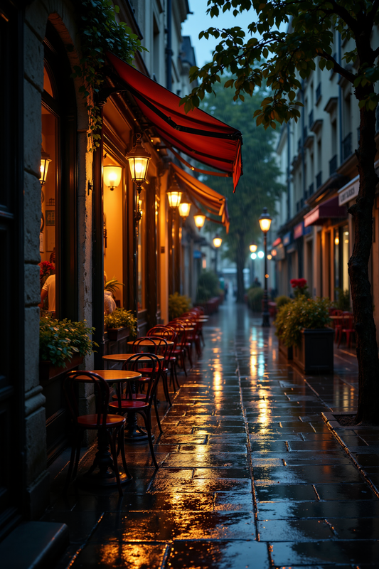 Rainy European Street Cafe at Night - Atmospheric Urban Scene