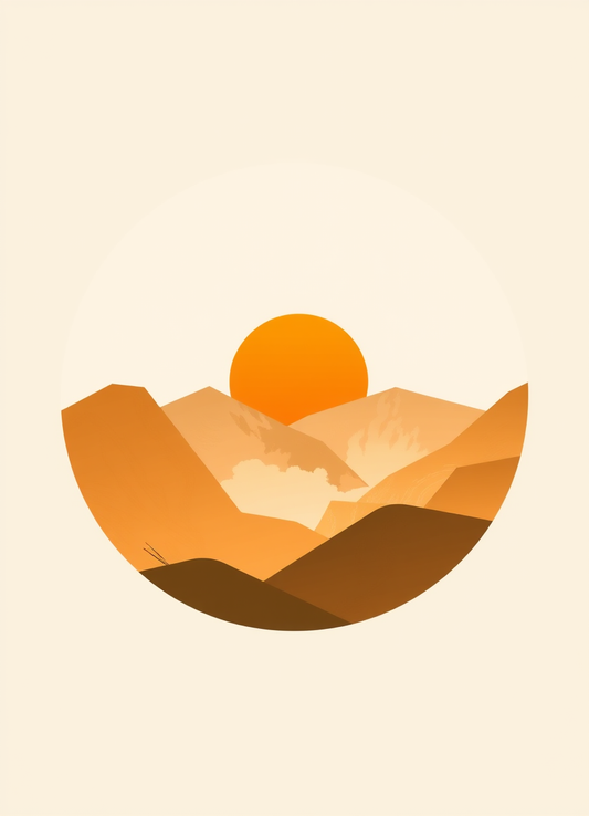 Warm Layered Mountain Sunrise in Minimalist Circular Frame
