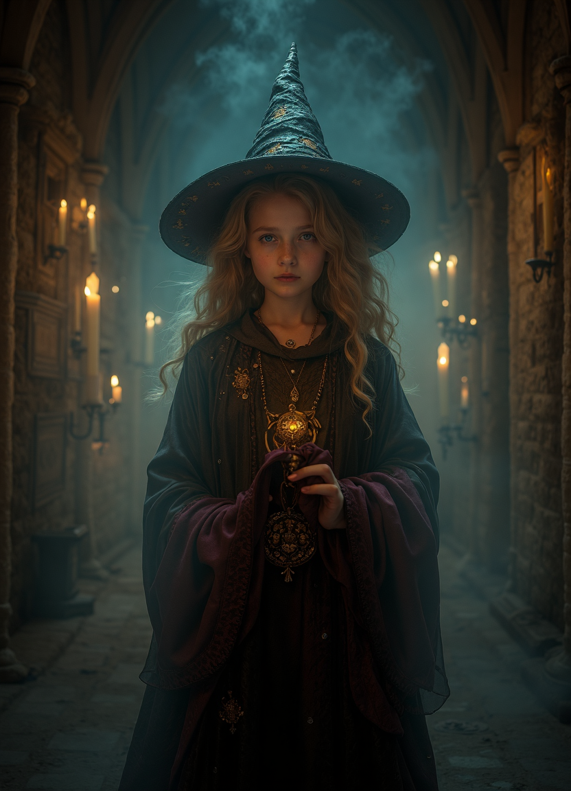 Mysterious Witch in Candlelit Gothic Hall with Ornate Pendant