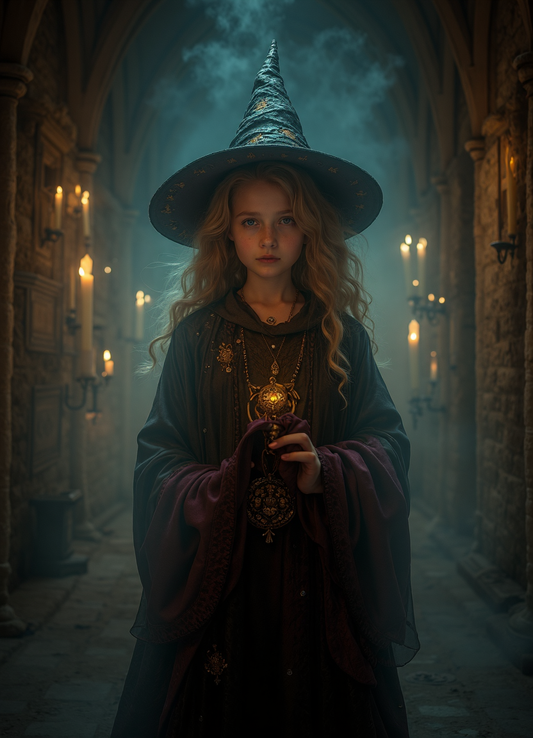 Mysterious Witch in Candlelit Gothic Hall with Ornate Pendant