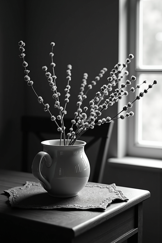 Minimalist Black & White Still Life with White Vase and Branches