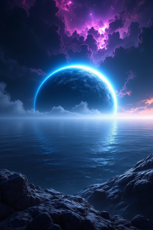 Glowing Blue Planet Over Tranquil Cosmic Ocean