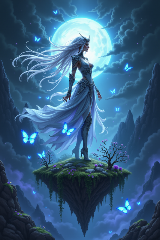 Mystical Woman with White Hair on Floating Island Beneath Moonlight