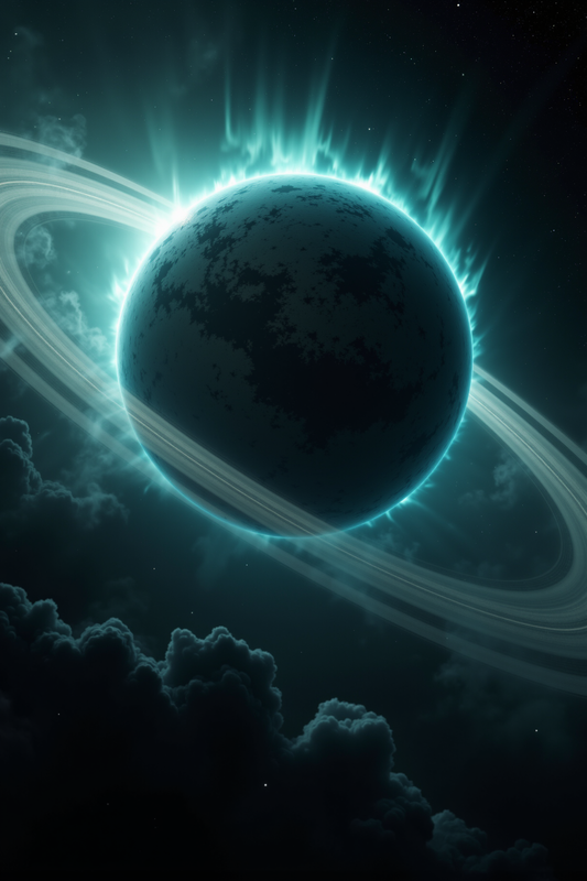 Mystic Ringed Planet with Bright Cyan Glow and Atmospheric Clouds