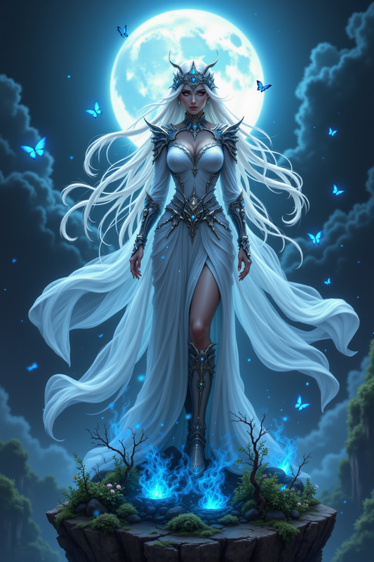 Regal Woman with White Hair on Mystical Floating Island