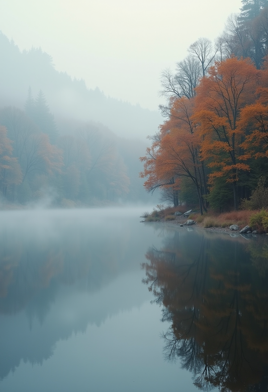 Misty Autumn Lake with Serene Forest Reflection