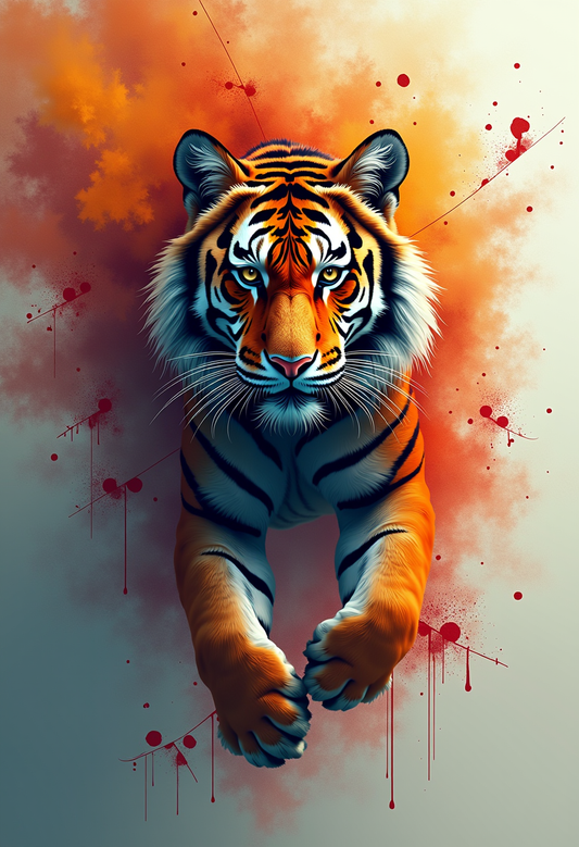 Dynamic Tiger Emerging with Fiery Watercolor Splash