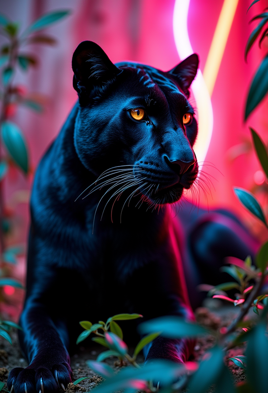 Neon-Lit Black Panther Amidst Jungle Foliage
