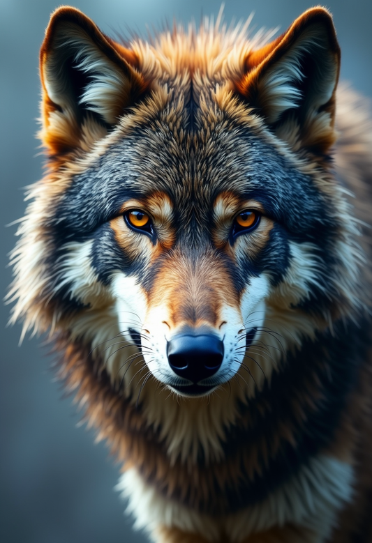 Amber Gaze: Hyperrealistic Wolf Portrait AI Artwork