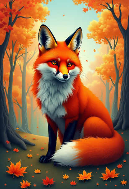Crimson Fox: Whimsical Autumn Forest AI Artwork