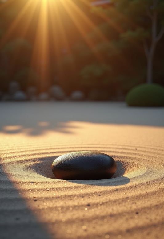 Tranquil Zen Garden Stone with Raked Sand in Warm Sunlight