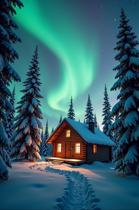Cozy Winter Night at Snowy Log Cabin with Northern Lights