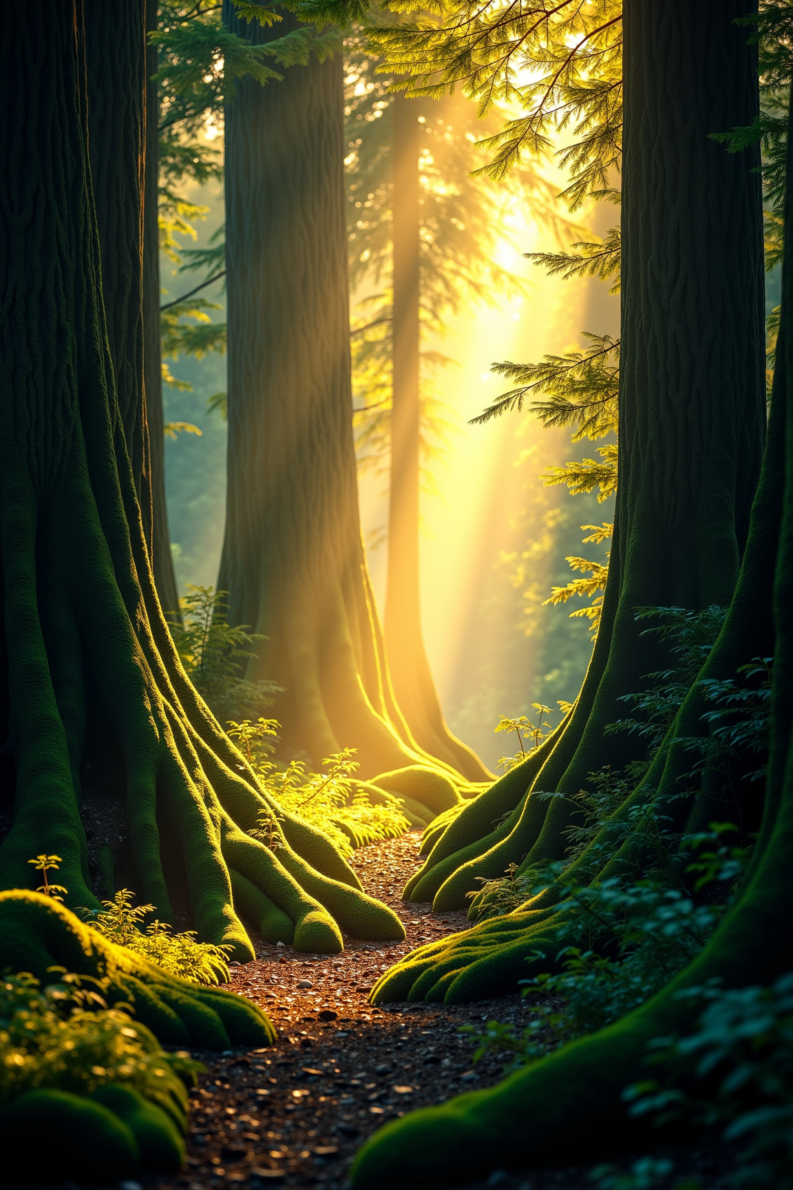 Golden Sunlight Filtering Through Mossy Forest Giants